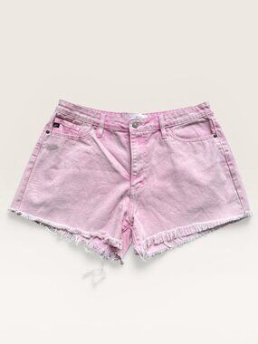 KanCan Acid Pink Mid-Rise Raw Edge Frayed Hem Shorts